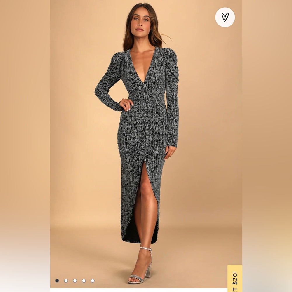 Metallic silver long sleeved ruched midi dress Small Lulus